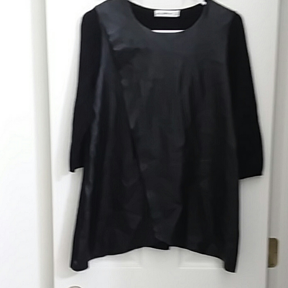 ZARA Knit black, faux leather wrap top, 3/…